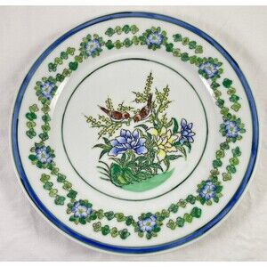 Nora Fenton Blue Green Bird Plate Design 10” Floral Hand Flowers Vintage